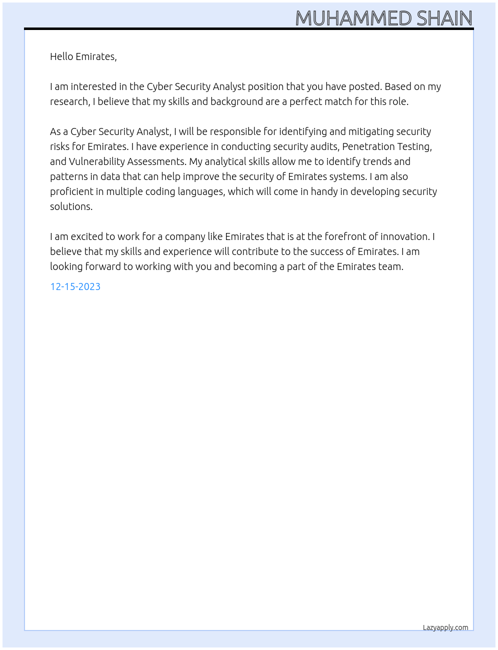 cyber security analyst At emirates Cover Letter