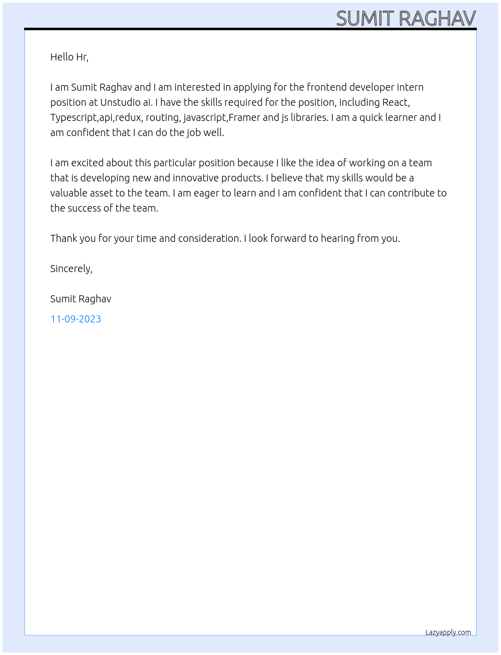 Frontend developer intern At Unstudio ai Cover Letter