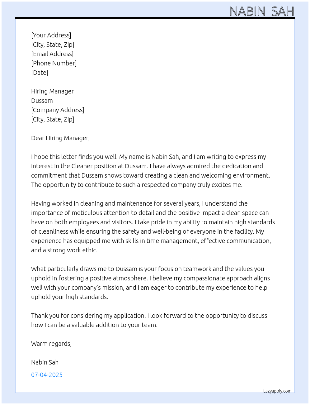 Cleaner  At Dussam  Cover Letter