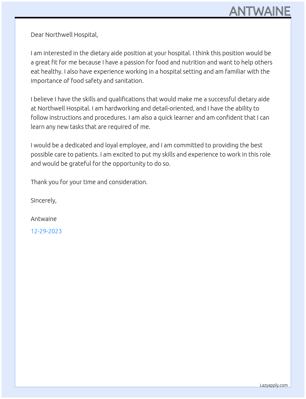 Dietary aide At Northwell hospital  Cover Letter