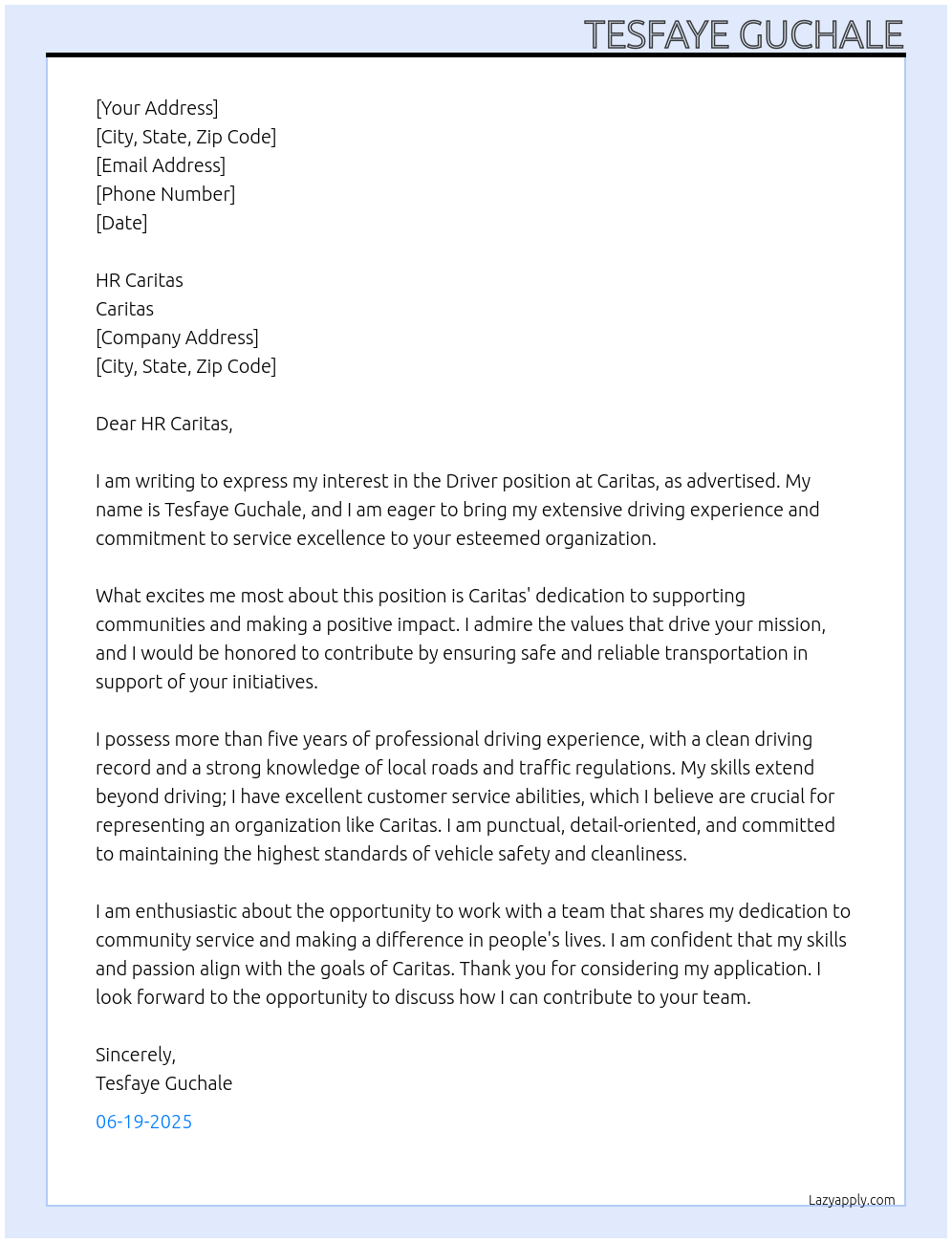 Driver At CARITAS Cover Letter