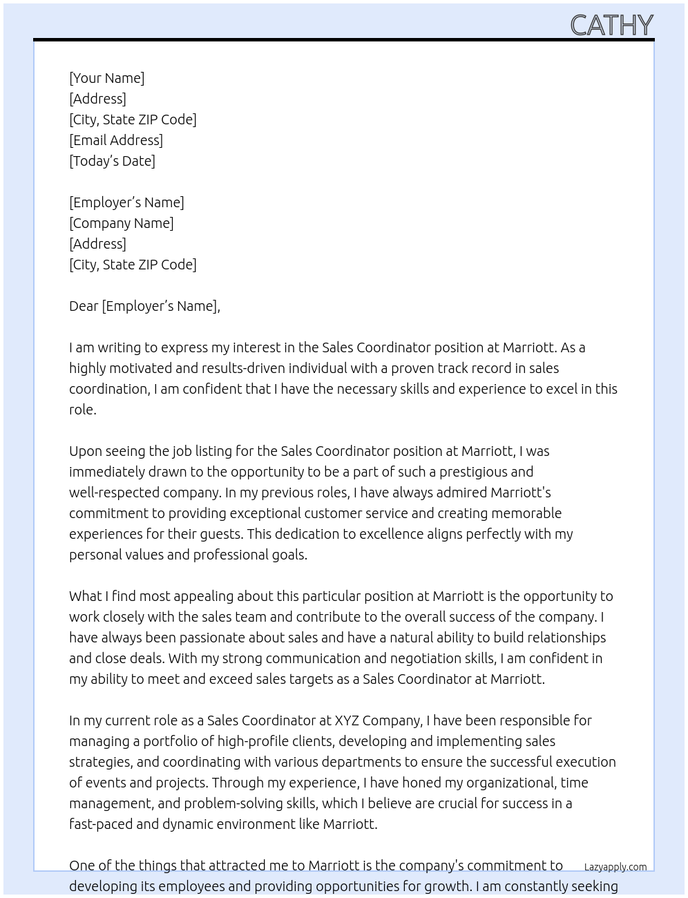 Sales coordinator At Marriott Cover Letter