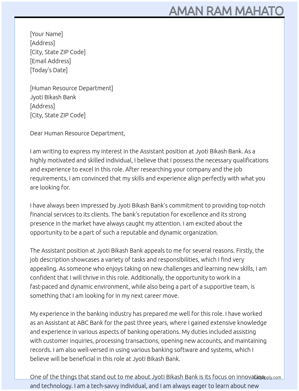 Assistant  At Jyoti Bikash Bank  Cover Letter