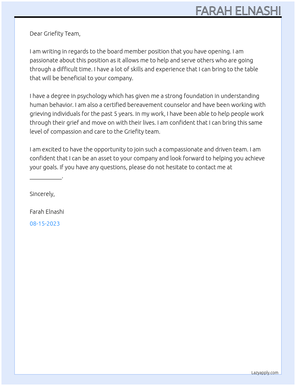 Board member At Griefity Cover Letter