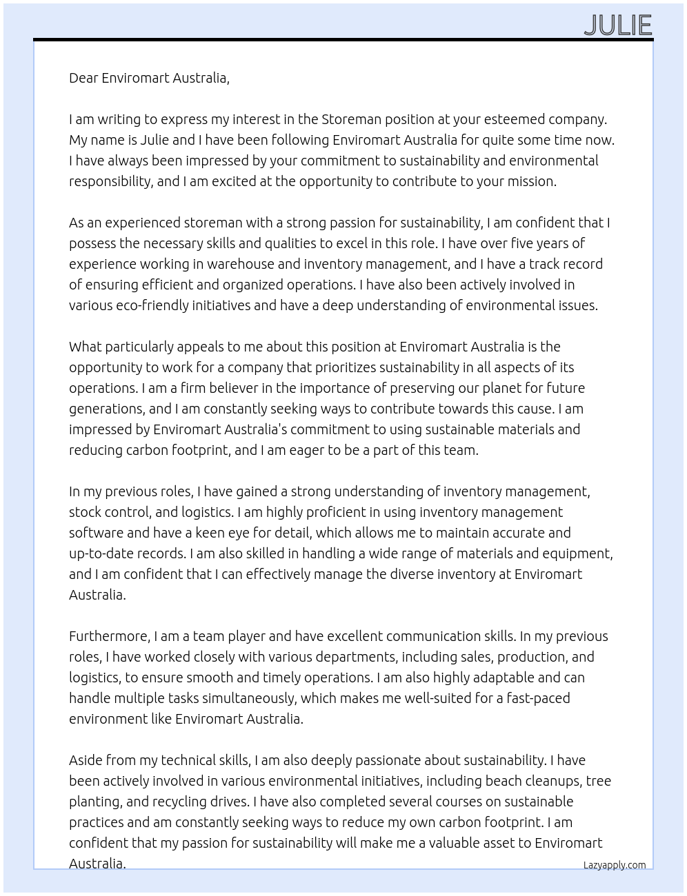 Storeman At Enviromart Australia Cover Letter