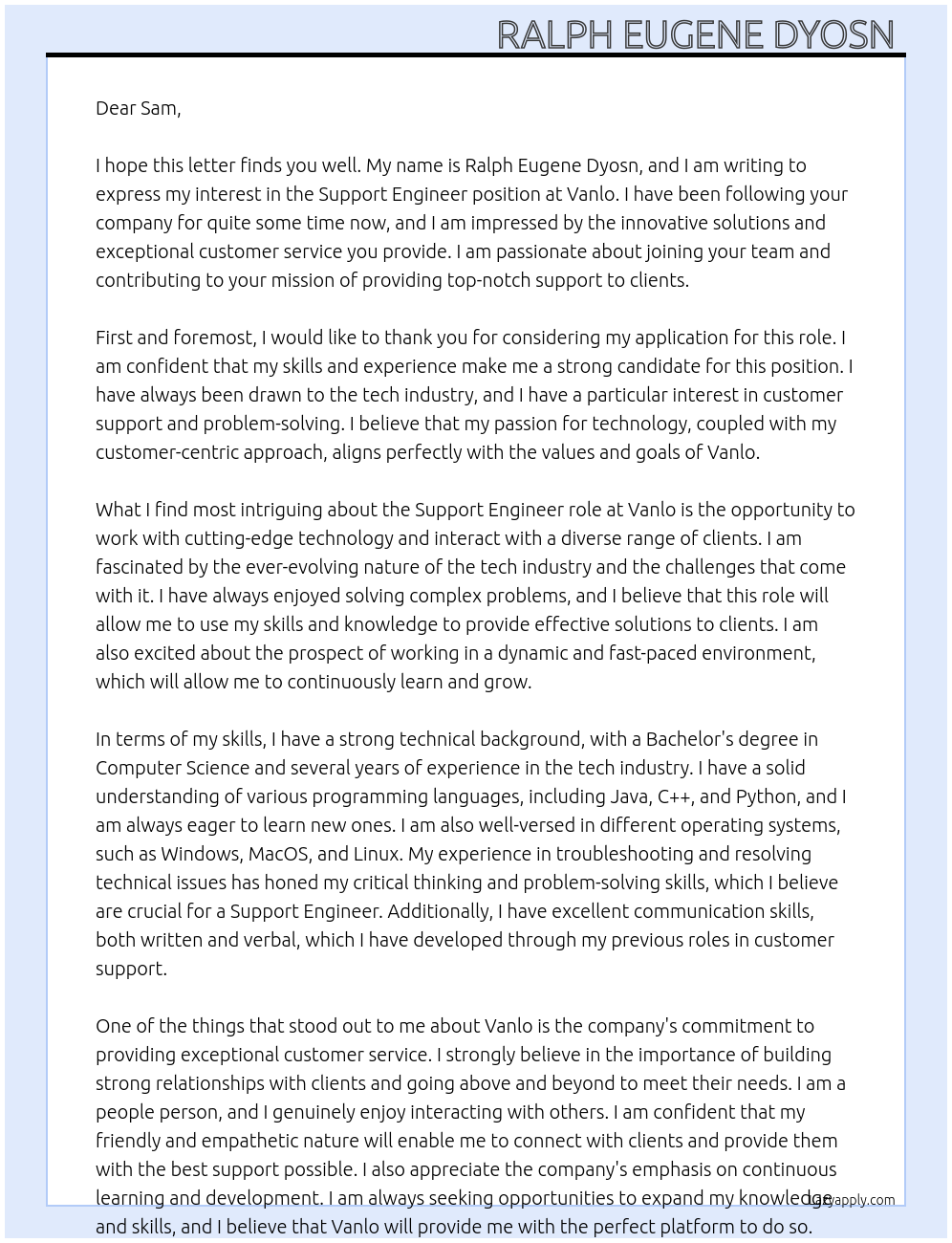 Support Engineer At vanlo Cover Letter