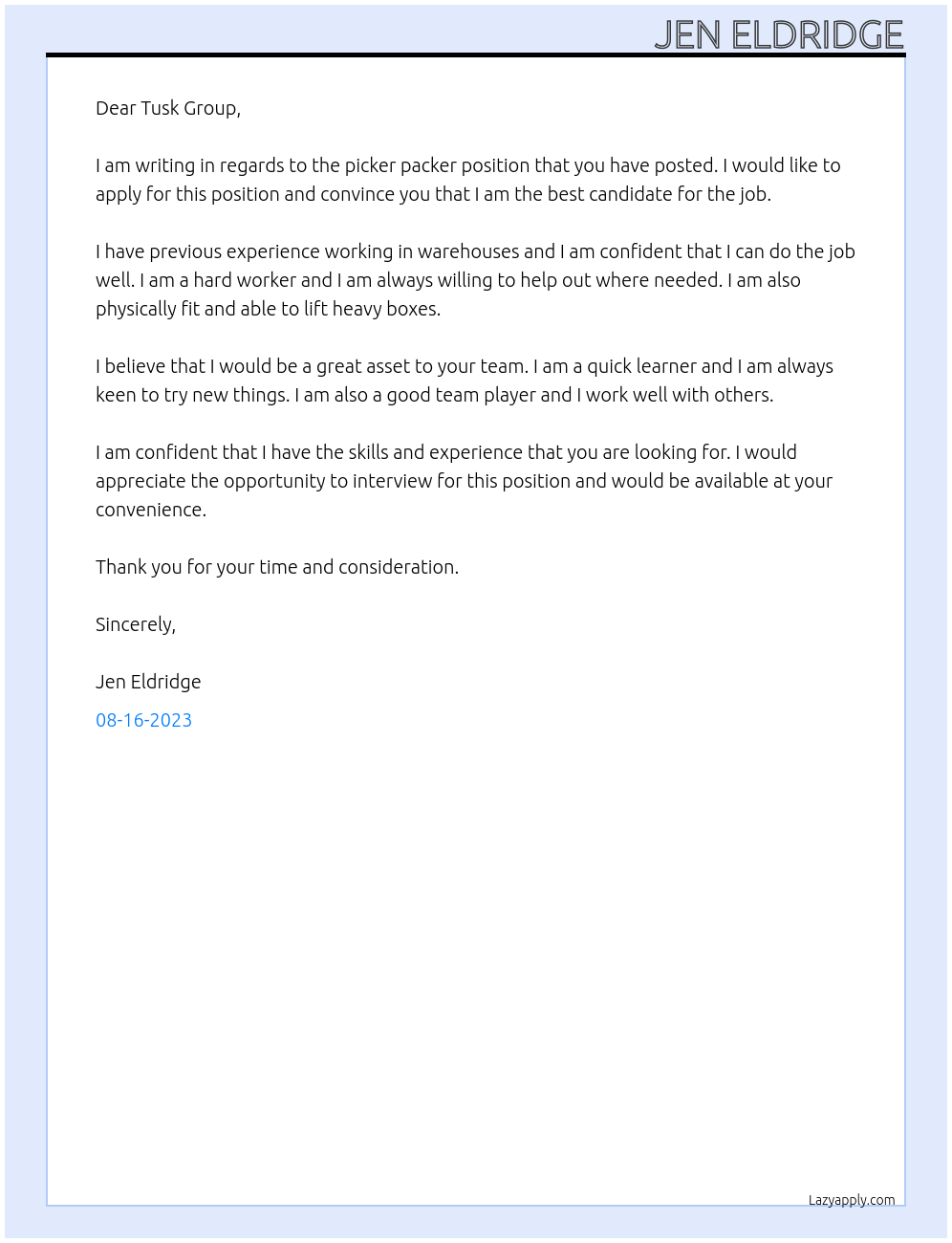 Picker packer At Tusk Group Cover Letter