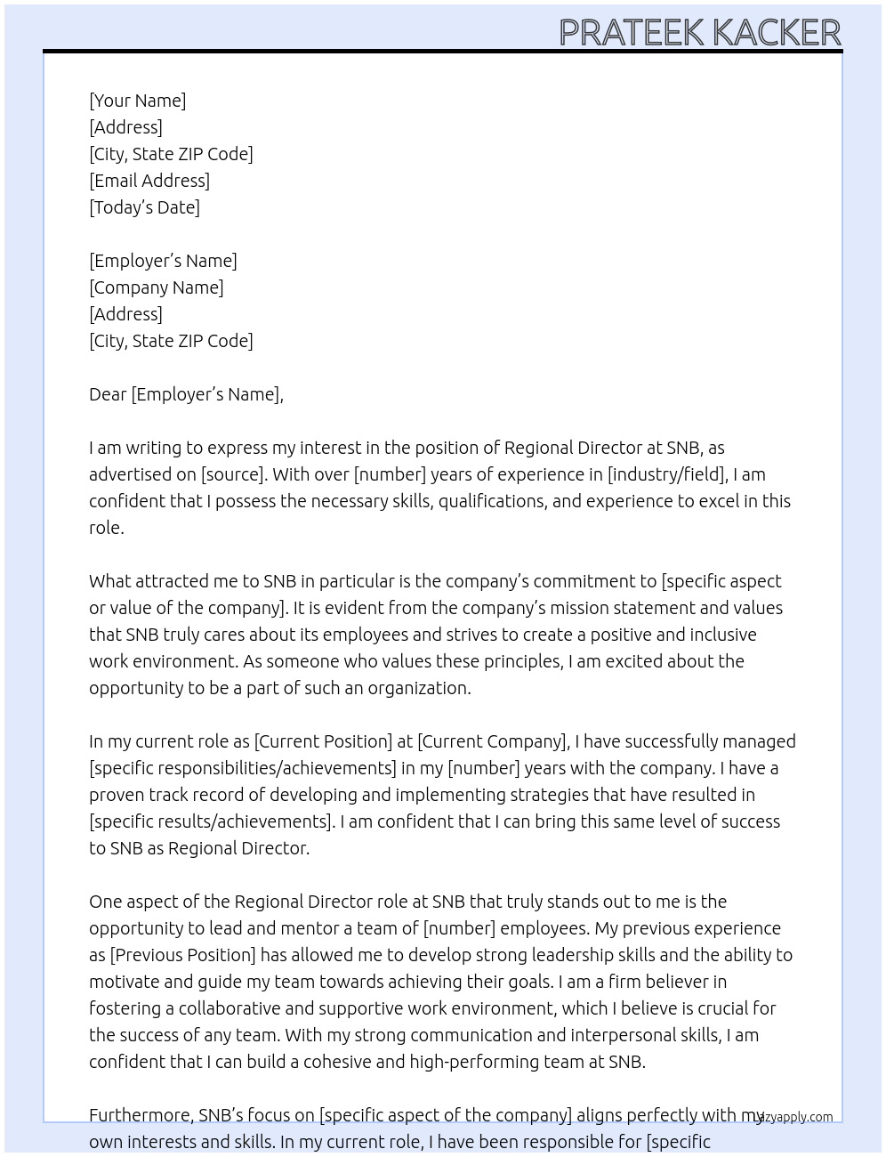 regional director At snb Cover Letter