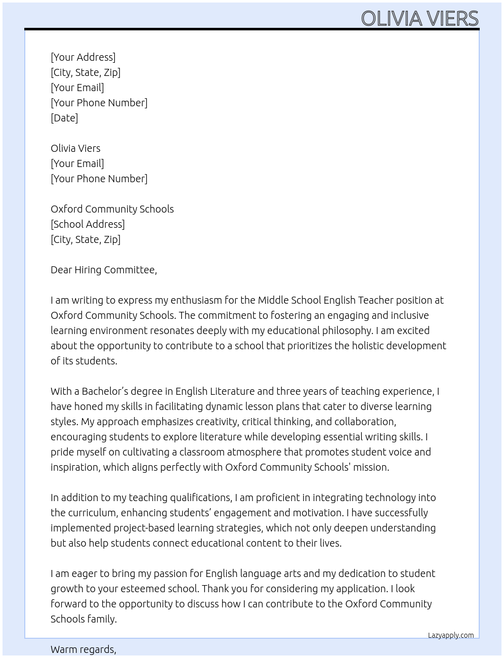 Middle school English teacher At Oxford Community Schools Cover Letter