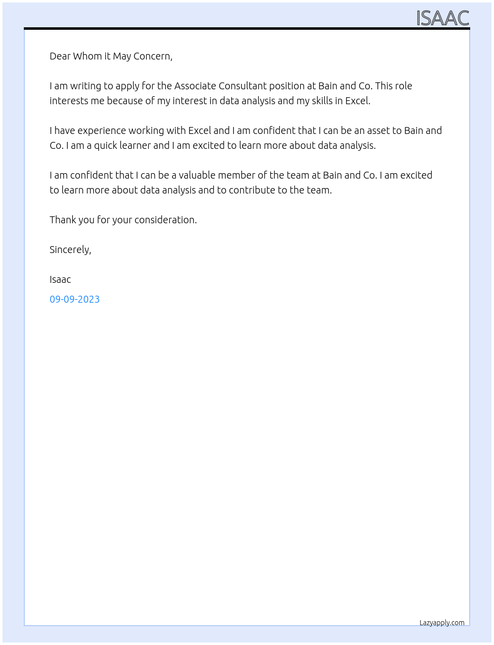 Associate Consultant At Bain and Co Cover Letter