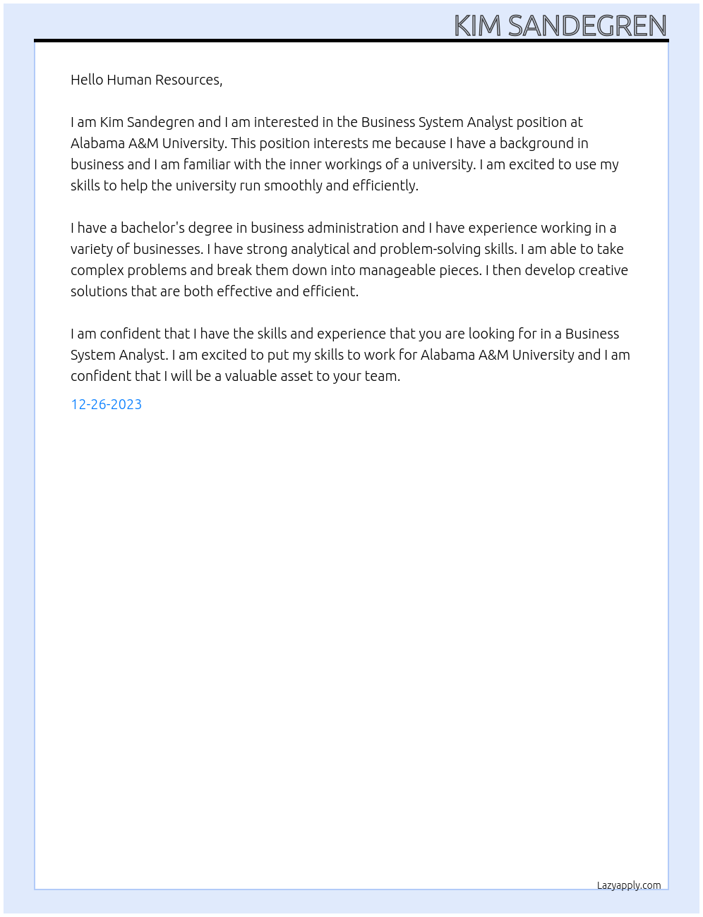 Business System Analyst At Alabama A&M University Cover Letter