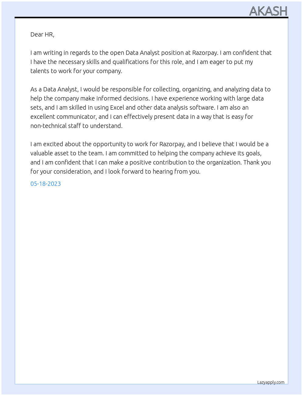 data analyst At razorpay Cover Letter