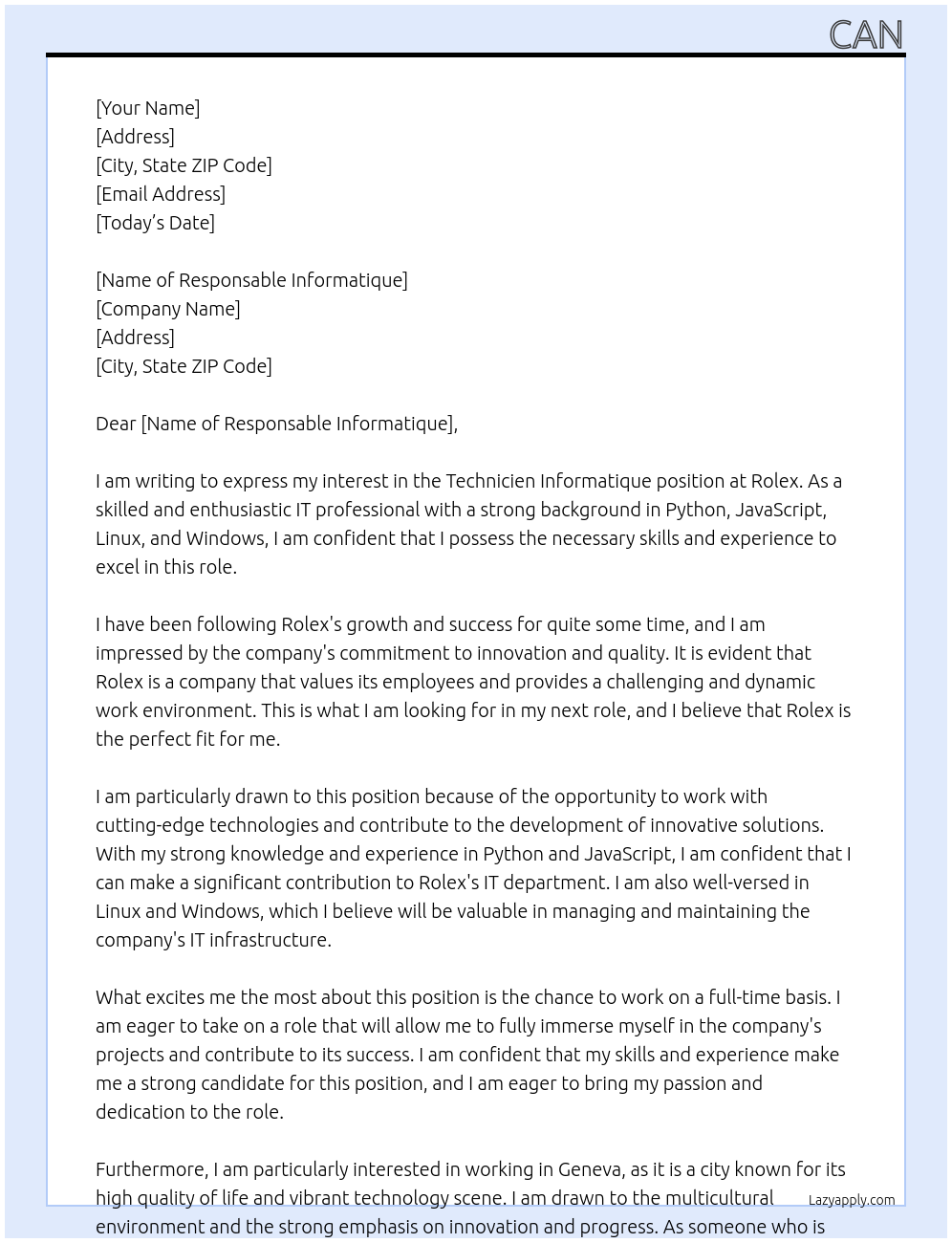 technicien informatique At rolex Cover Letter