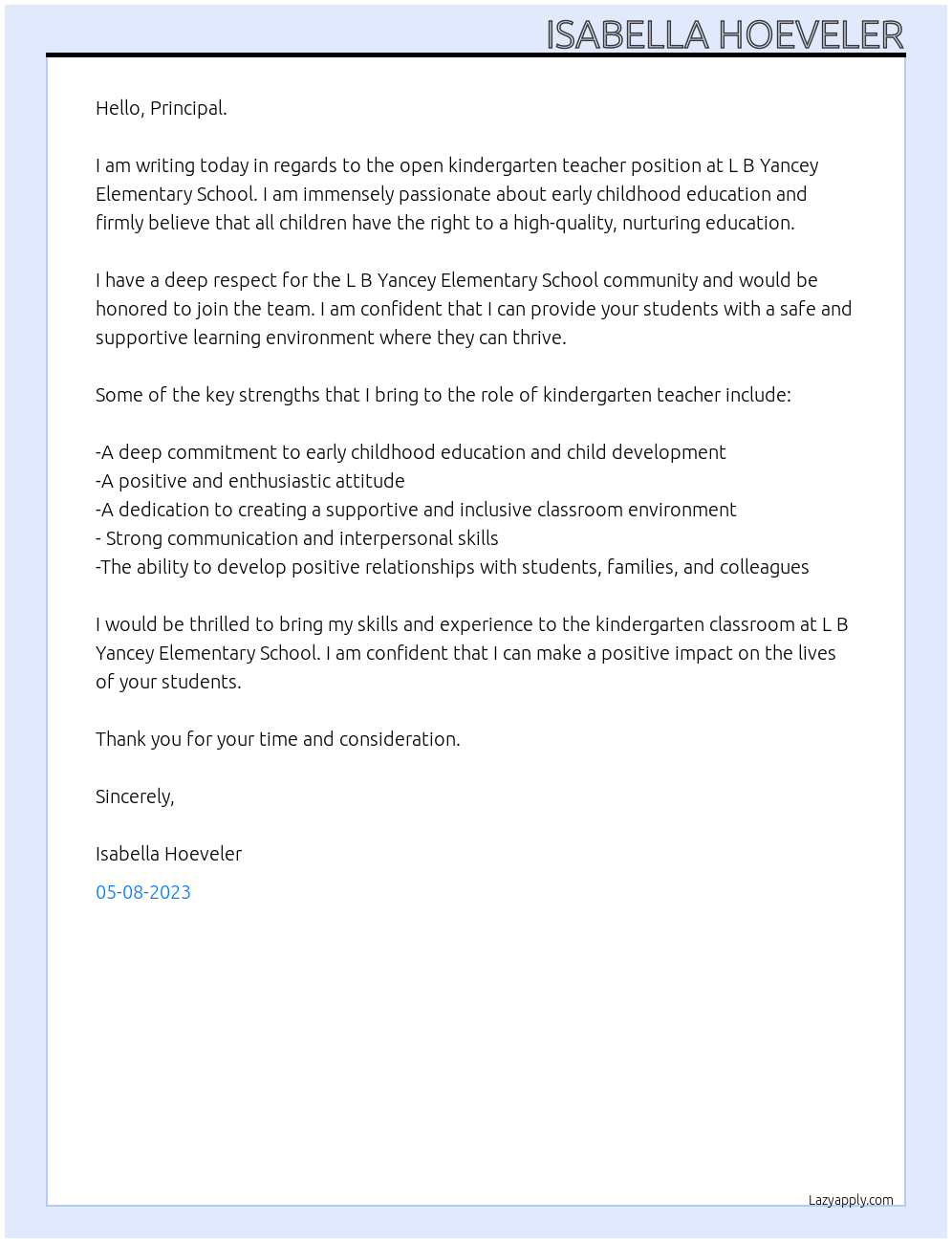 Kindergarten Teacher At L B Yancey Elementary School Cover Letter