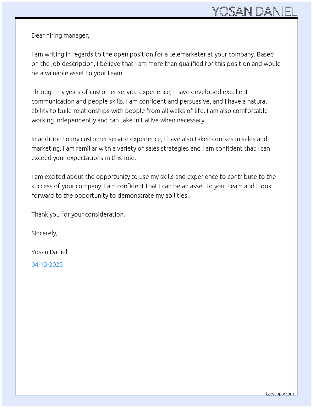 telemarketer At Kind Relations Cover Letter