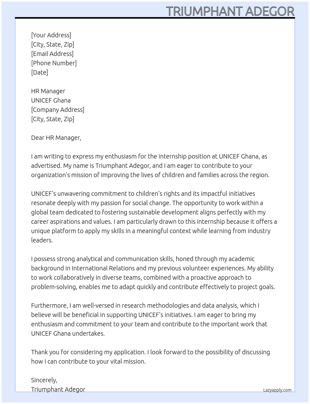 Internship At UNICEF Ghana Cover Letter