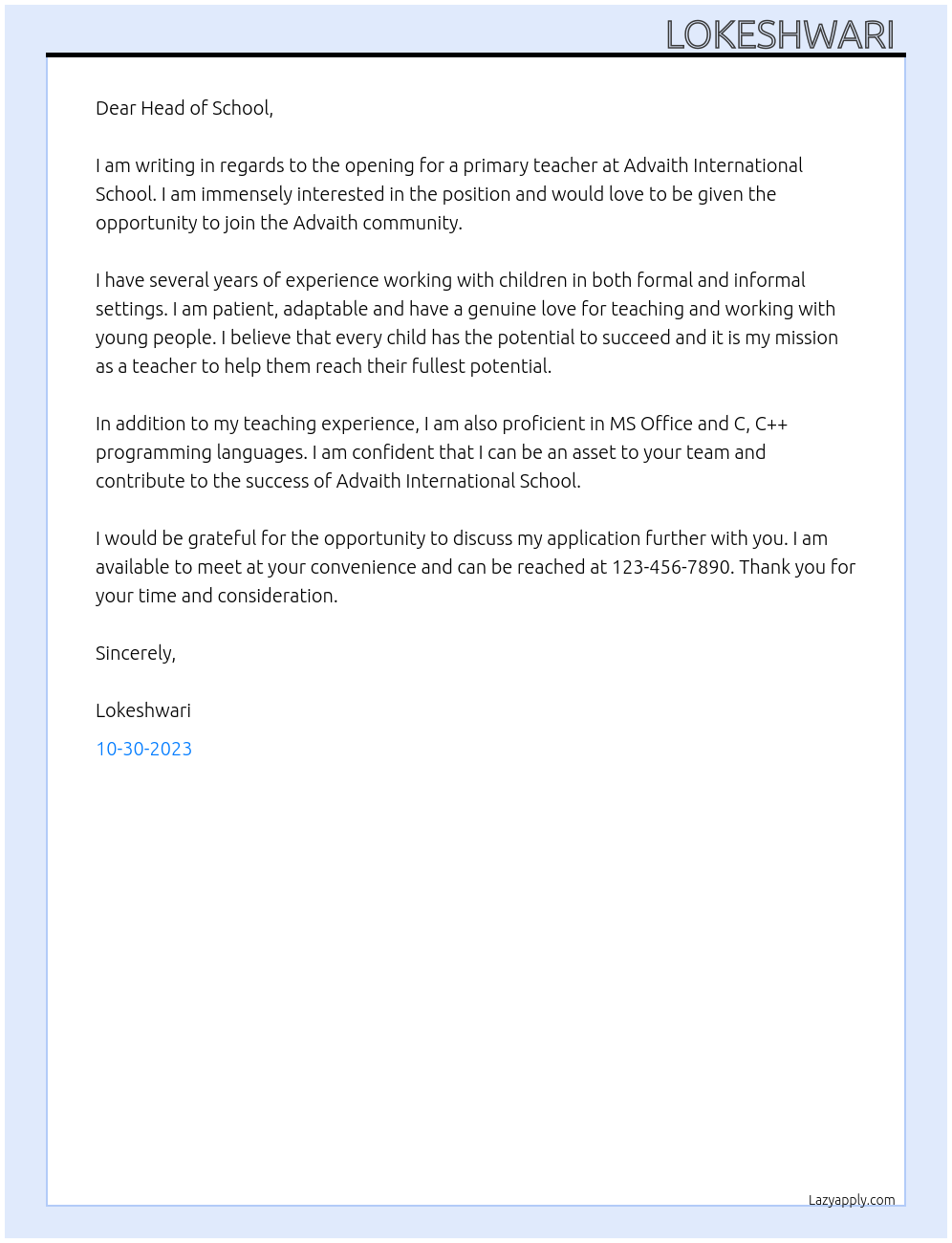 Primary teacher At Advaith international school Cover Letter