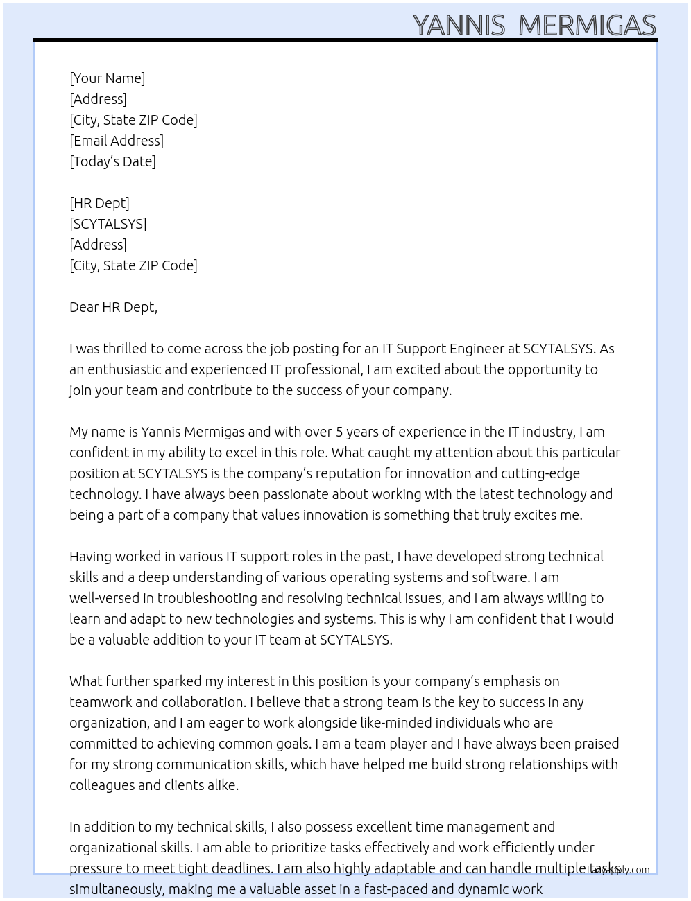 IT Support Engineer At SCYTALSYS Cover Letter