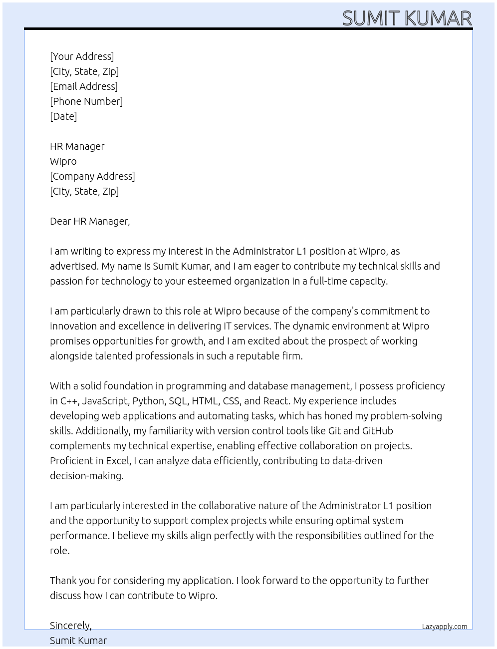 Administrator L1 At Wipro Cover Letter