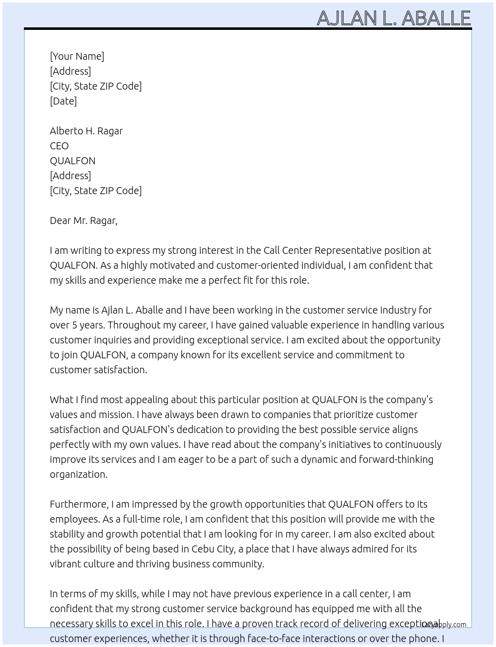 Call Center Representative At QUALFON Cover Letter