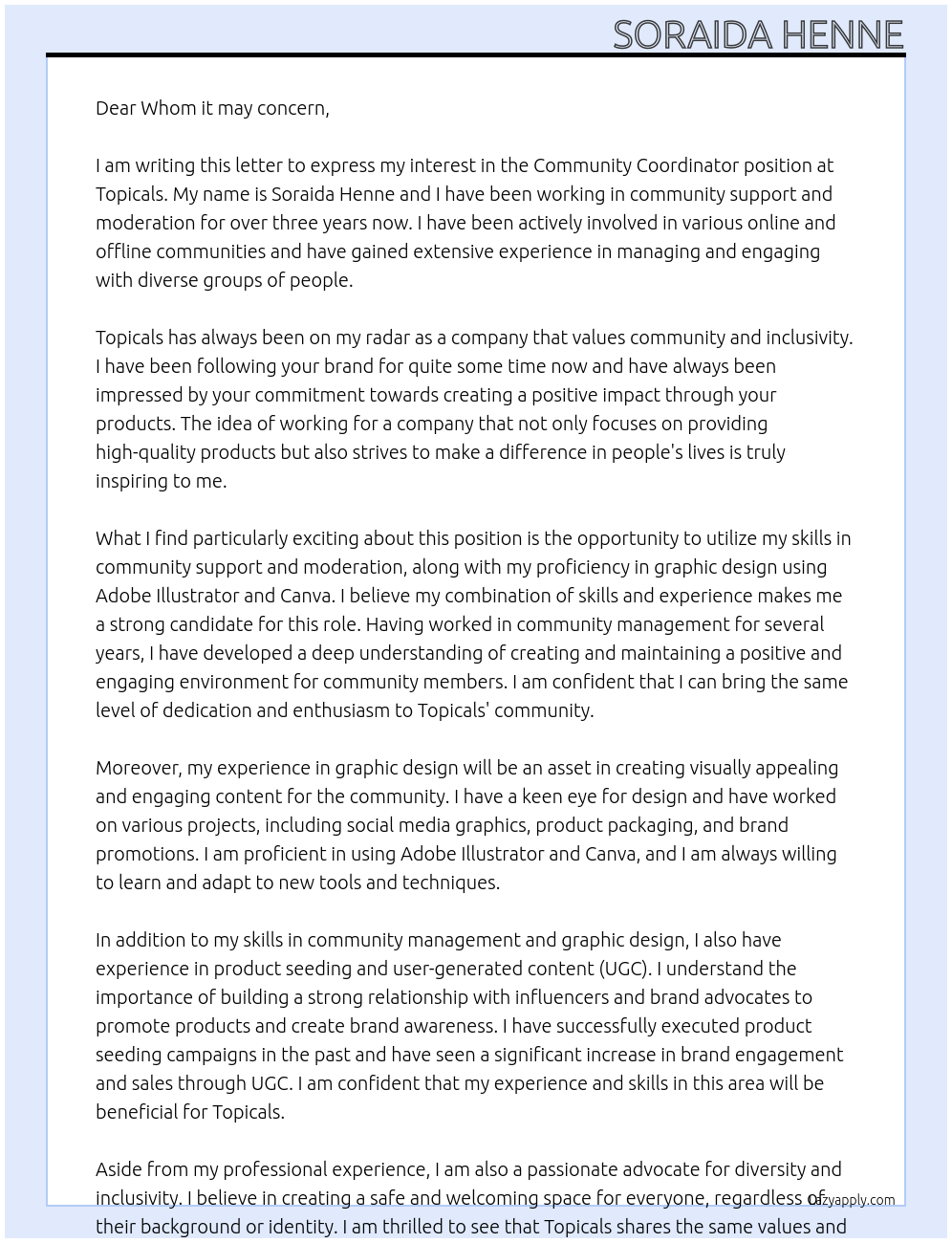 Community Coordinator At Topicals Cover Letter