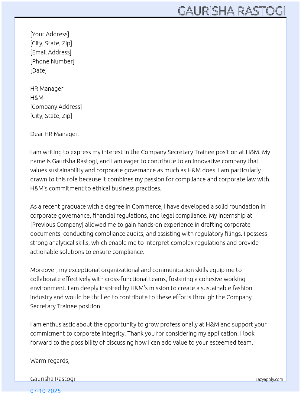 Company Secretary Trainee At H&M Cover Letter