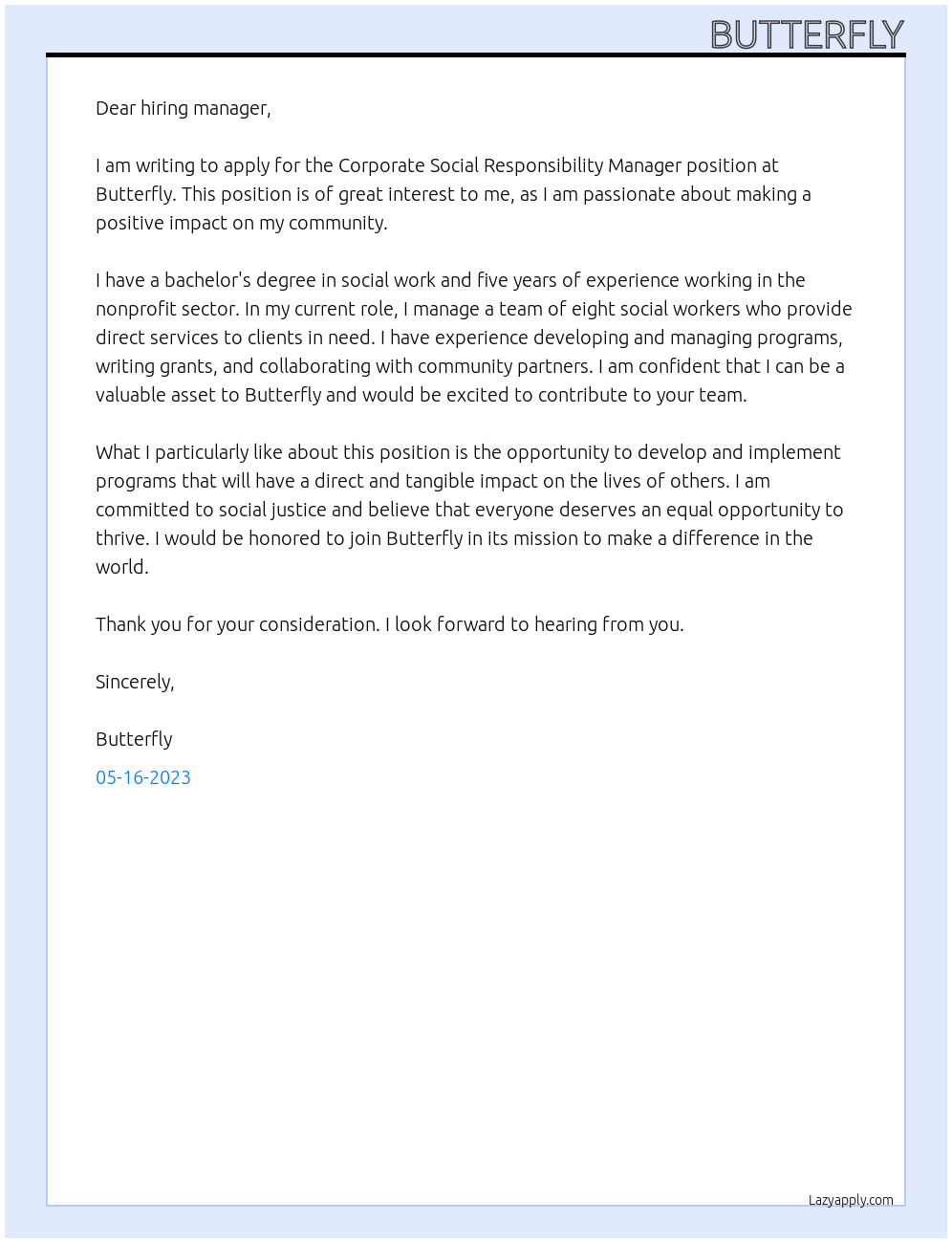 Corporate Social Responsibility Manager At Butterfly Cover Letter