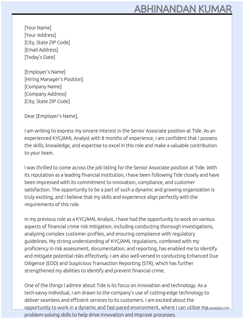 Senior Associate At Tide Cover Letter