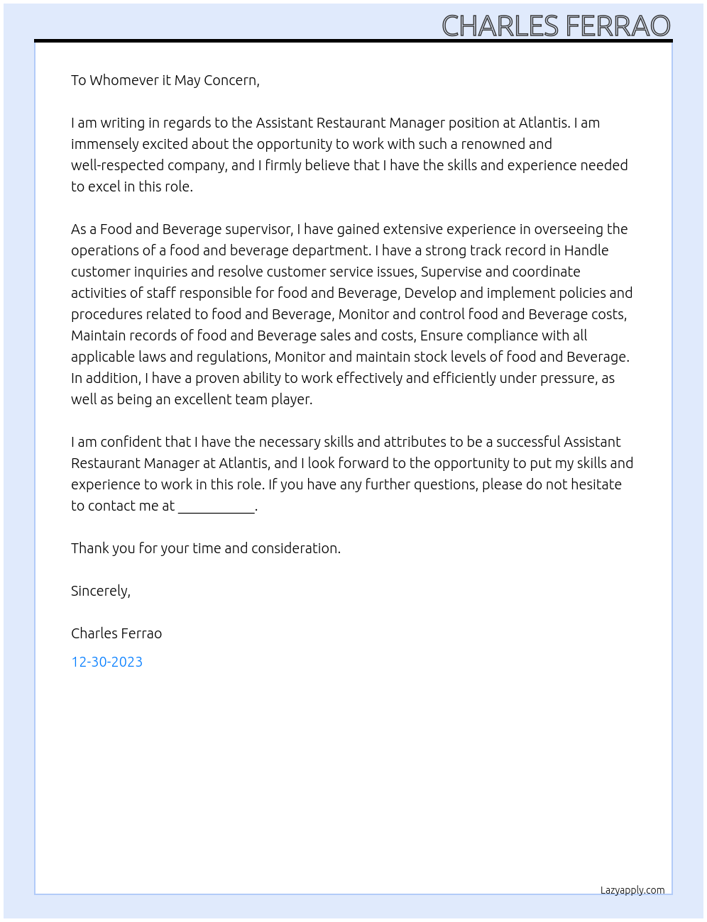 Assistant Restaurant Manager At Atlantis Cover Letter