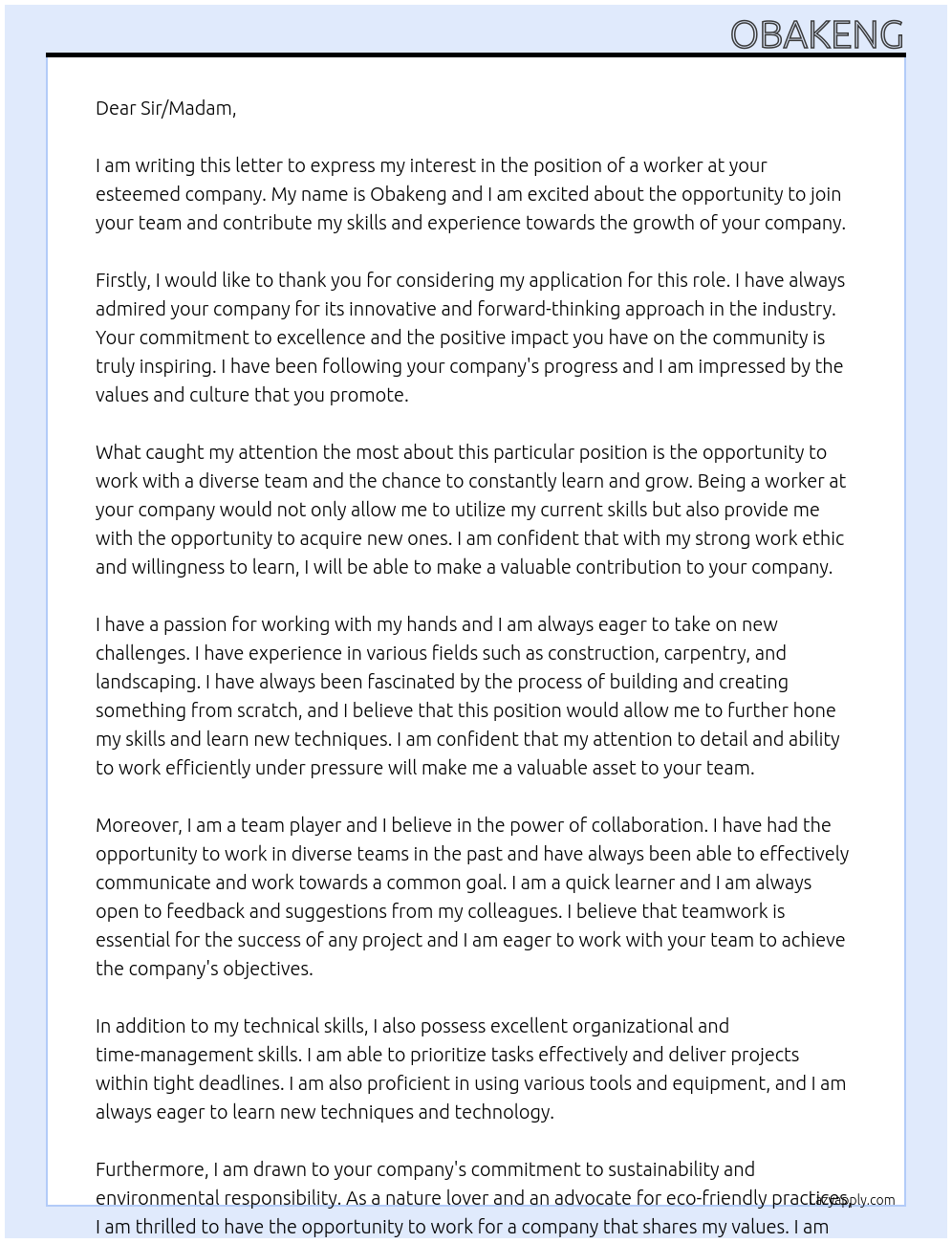 worker At your company Cover Letter