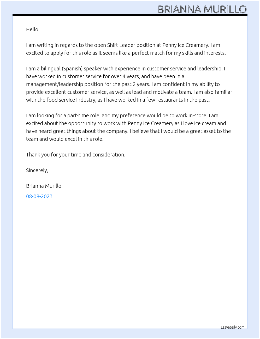 shift leader At penny ice creamery Cover Letter