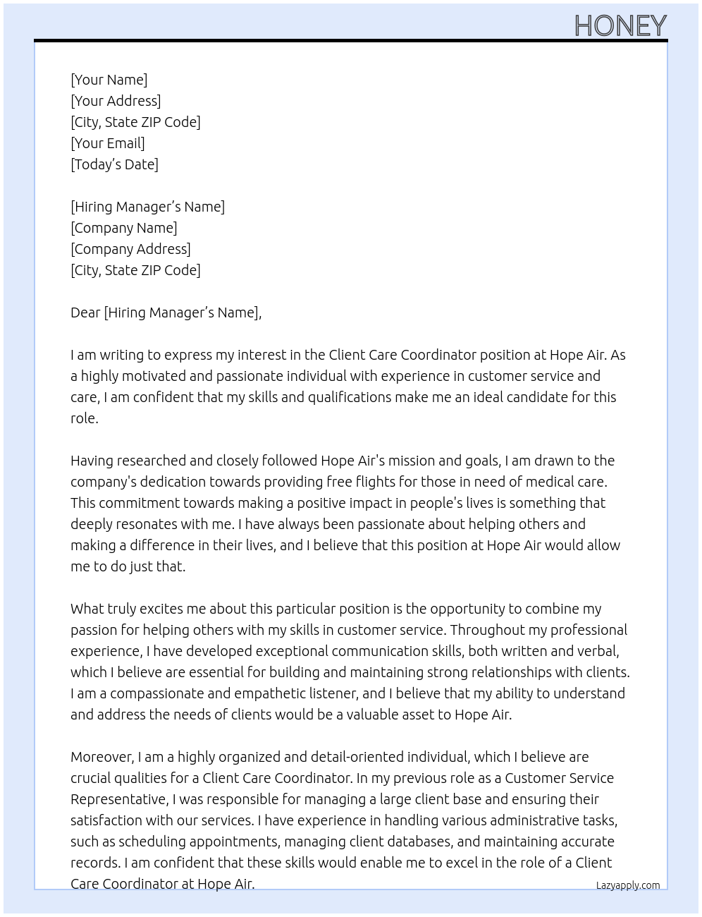 client care coordinator At Hope Air Cover Letter