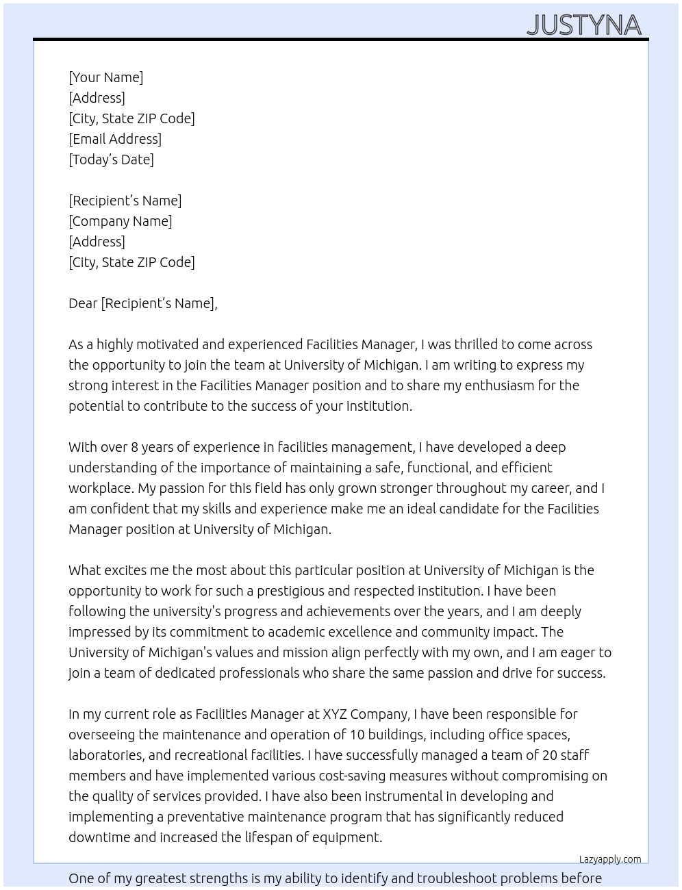 Facilities Manager At university of michigan  Cover Letter