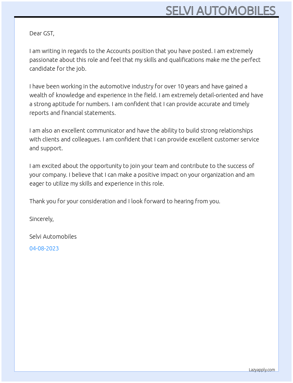 accounts At gst Cover Letter