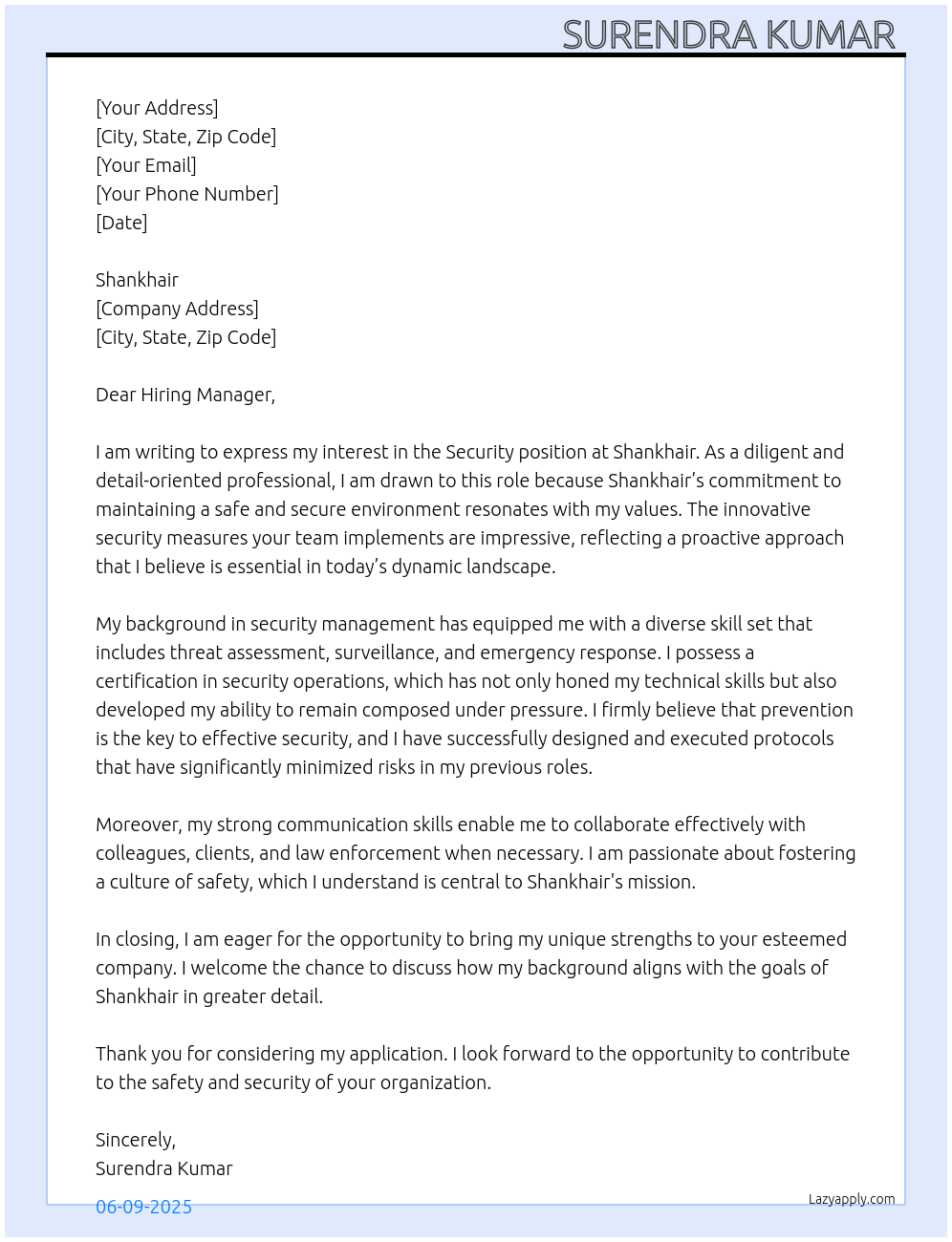 Security  At Shankhair  Cover Letter