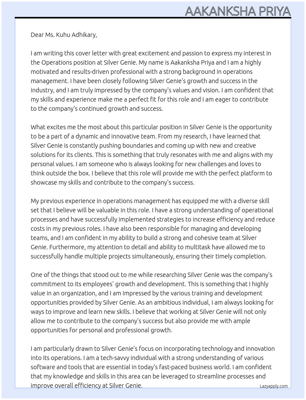 Operations At Silver Genie  Cover Letter