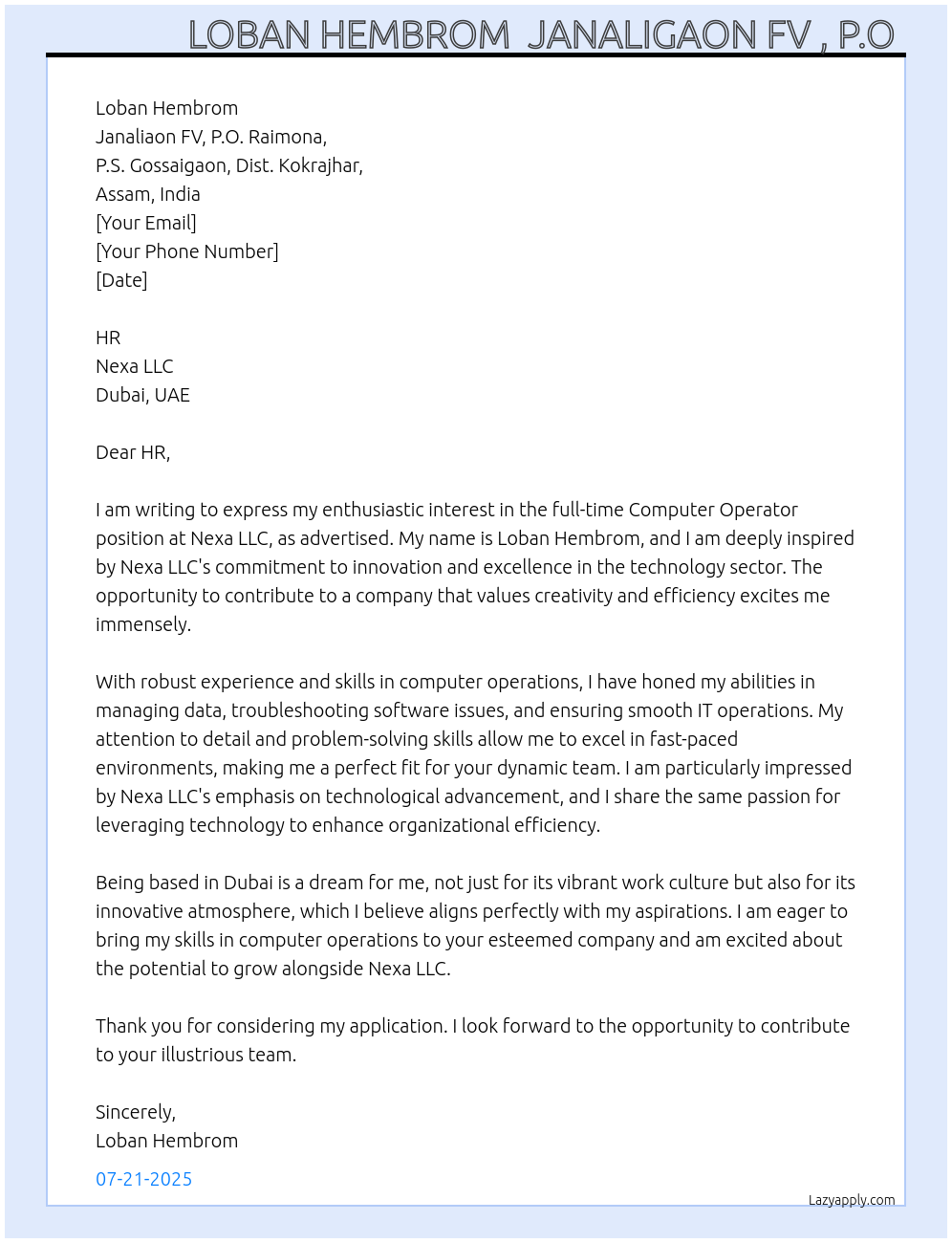 Computer Operator At Nexa LLC Dubai UAE Cover Letter