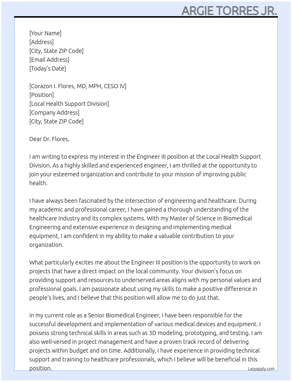 Engineer III At Local Health Support Division Cover Letter