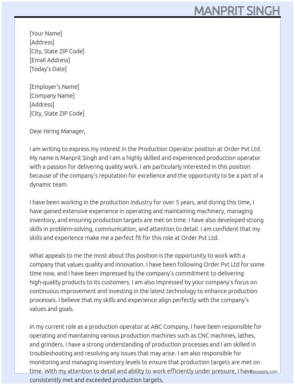 Production operator At Order pvt ltd Cover Letter