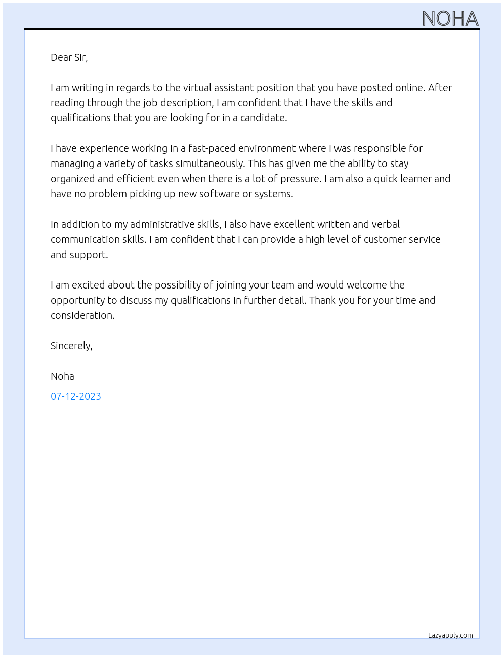 virtual assisstant At online  Cover Letter