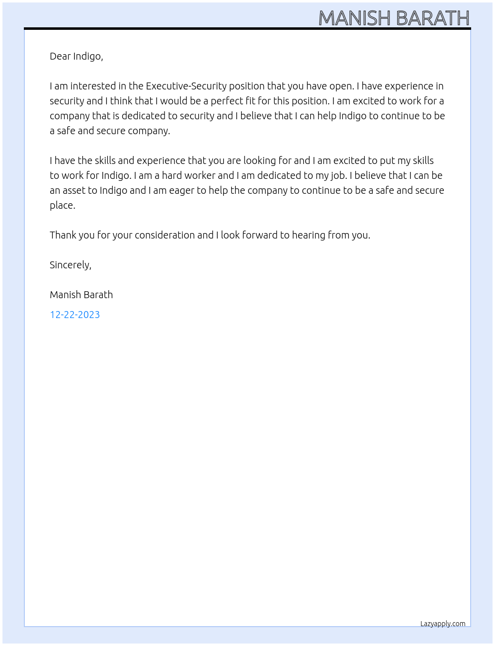 Executive-security At Indigo Cover Letter