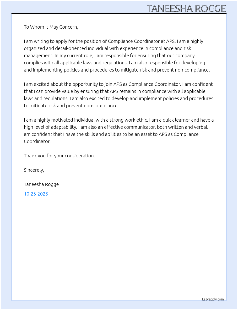 Compliance Coordinator At APS Cover Letter