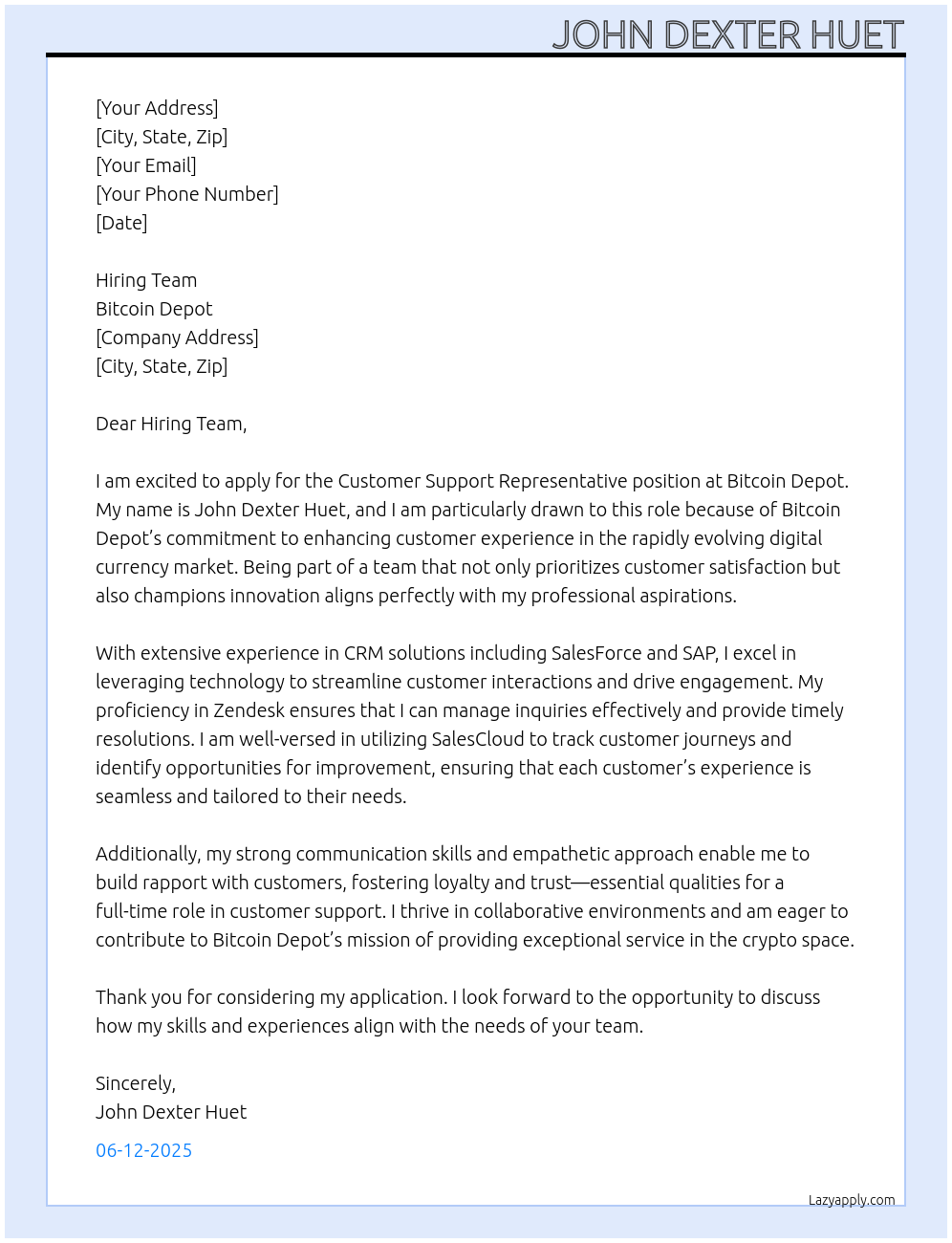 Customer Support Representative At Bitcoin Depot Cover Letter
