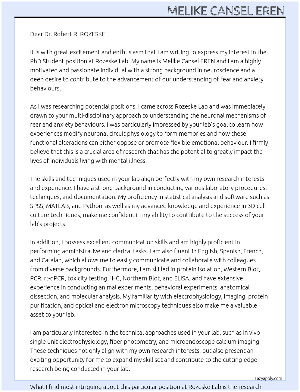 PhD Student At Rozeske  Lab Cover Letter