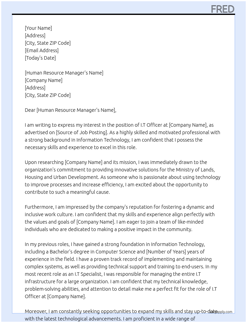 I.T officer At ministry of lands,housing and urban development Cover Letter