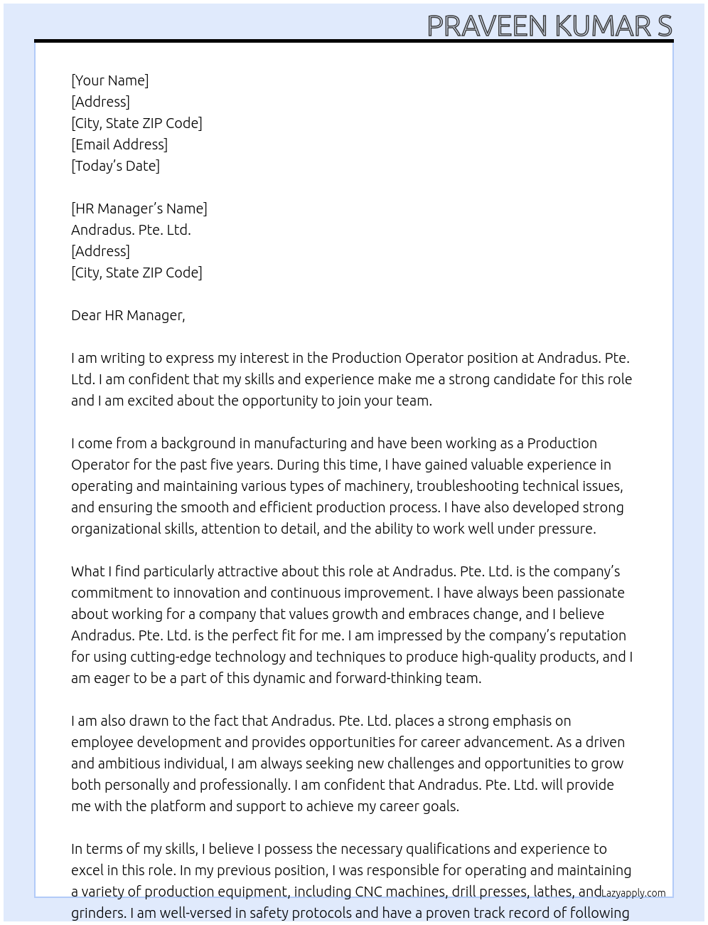 Production Operator At ANDRADUS. PTE. LTD Cover Letter