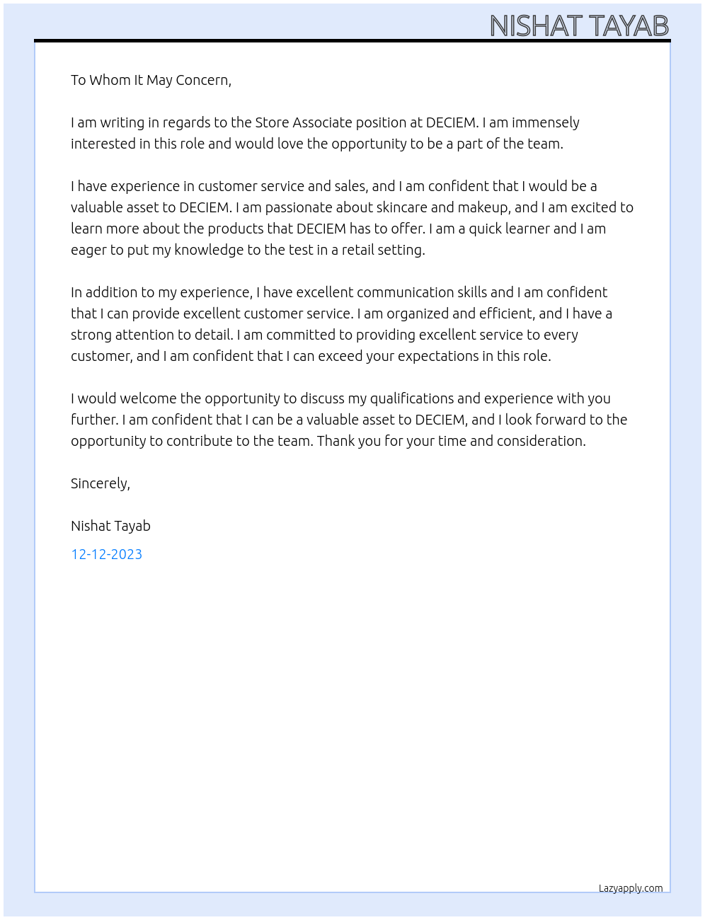 Store Associate At DECIEM Cover Letter