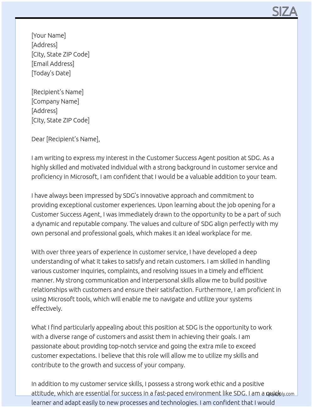 Customer success agent  At SDG  Cover Letter