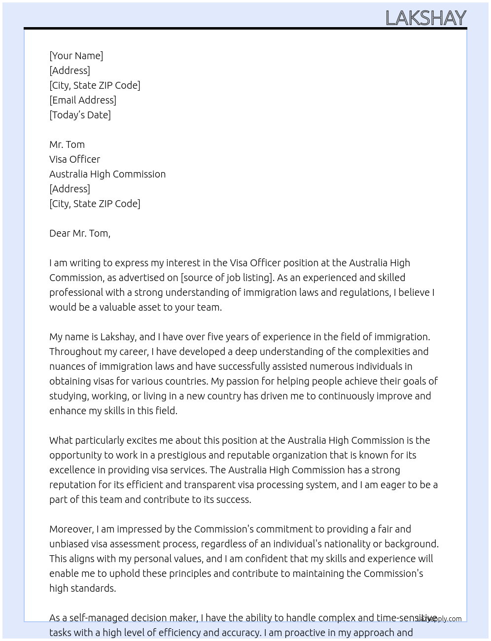 visa officer At Australia High Commission Cover Letter