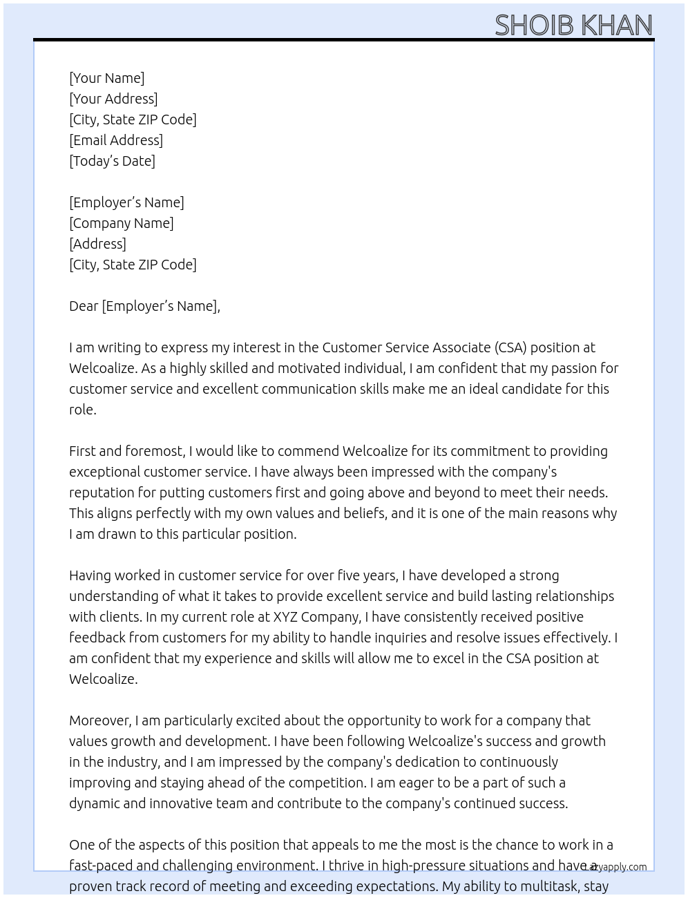 CSA At WELCOALIZE Cover Letter